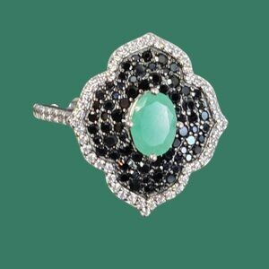 925 Sterling Silver Ring Sz 8 with Natural Emerald 5x7mm & Blk Spinel Gems